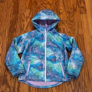 All In Motion, Girls Softshell Hooded Jacket, Size L, Blue/Lavender/Green Print